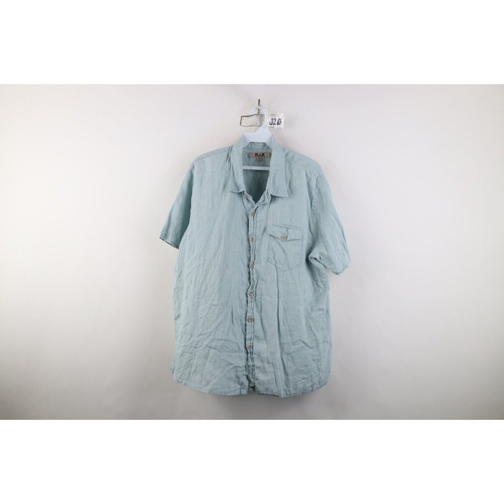 Flax Mens Medium Faded Linen Short Sleeve Collared Button Shirt Light Blue